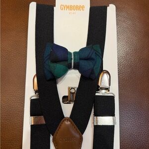 NWT Gymboree Black Suspenders with Green & Blue Plaid Bow Tie